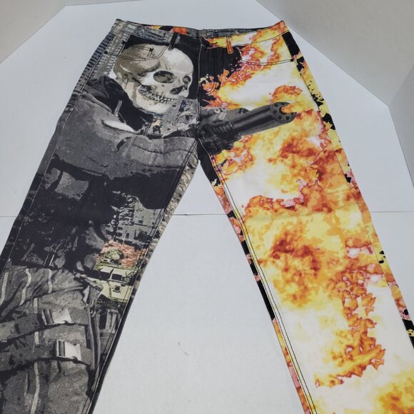 Y2K AOP Skull Jeans Descend Video Game Fire Evisu 34x29/30 - Picture 7 of 16